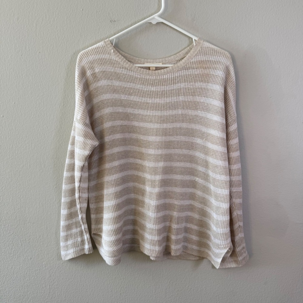 Eileen Fisher Organic Linen Striped Sweater Beige White Crew Neck Small S17OMA